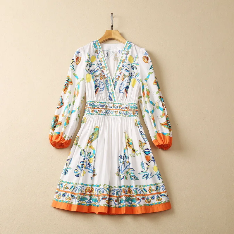 European and American women's clothes 2023 summer new v-neck Long-sleeved court print Fashion Pleated Cotton Dress
