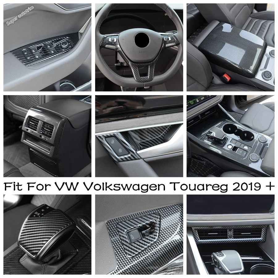 Armrest Box / Gear Shift / Window Lift Button Cover Trim Carbon Fiber Style Interior Parts For VW Volkswagen Touareg 2019 - 2022