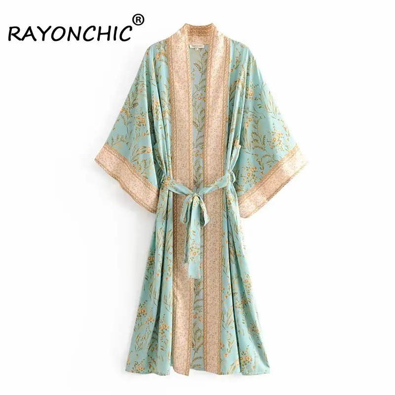 

RAYONCHIC Green Floral Print Batwing Sleeve Kimono Bikini Cover Ups Rayon Robes Sashes Holiday Summer Beach Kaftan Cover-ups