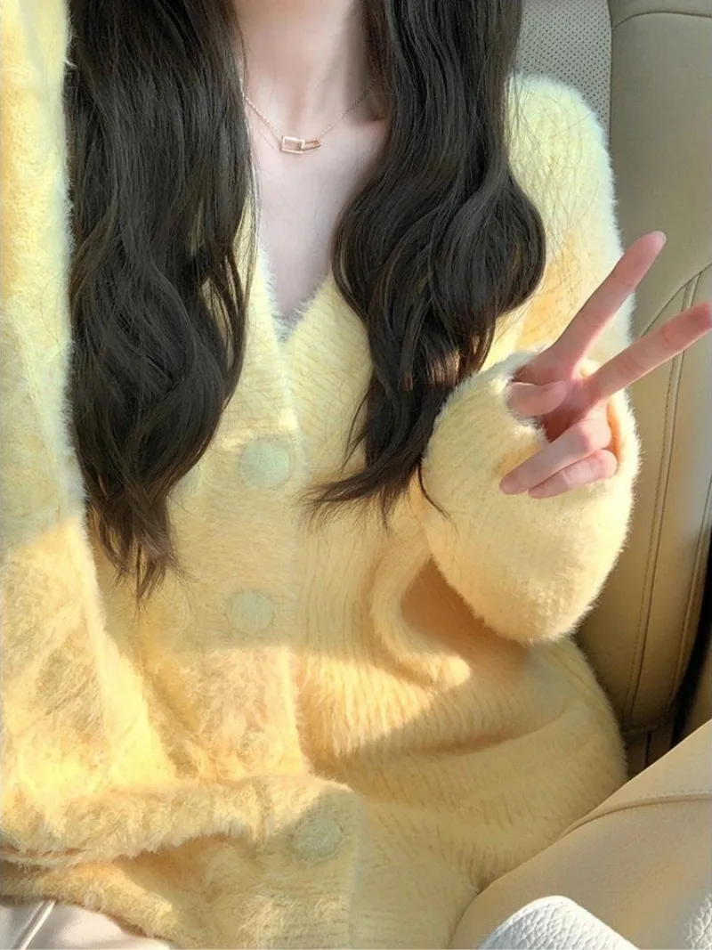 Желтый свитер в стиле преппи жакет из полиэстера милый мягкий вязаный кардиган с