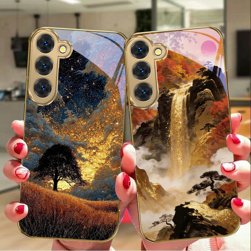 Фото Чехол для телефона Samsung Galaxy S26 S20 FE S21Plus S22 23 Plus S24 Ultra S25 S21+ S9+ 22Plus из золотого стекла с дизайном «Море и небо на закате» №1