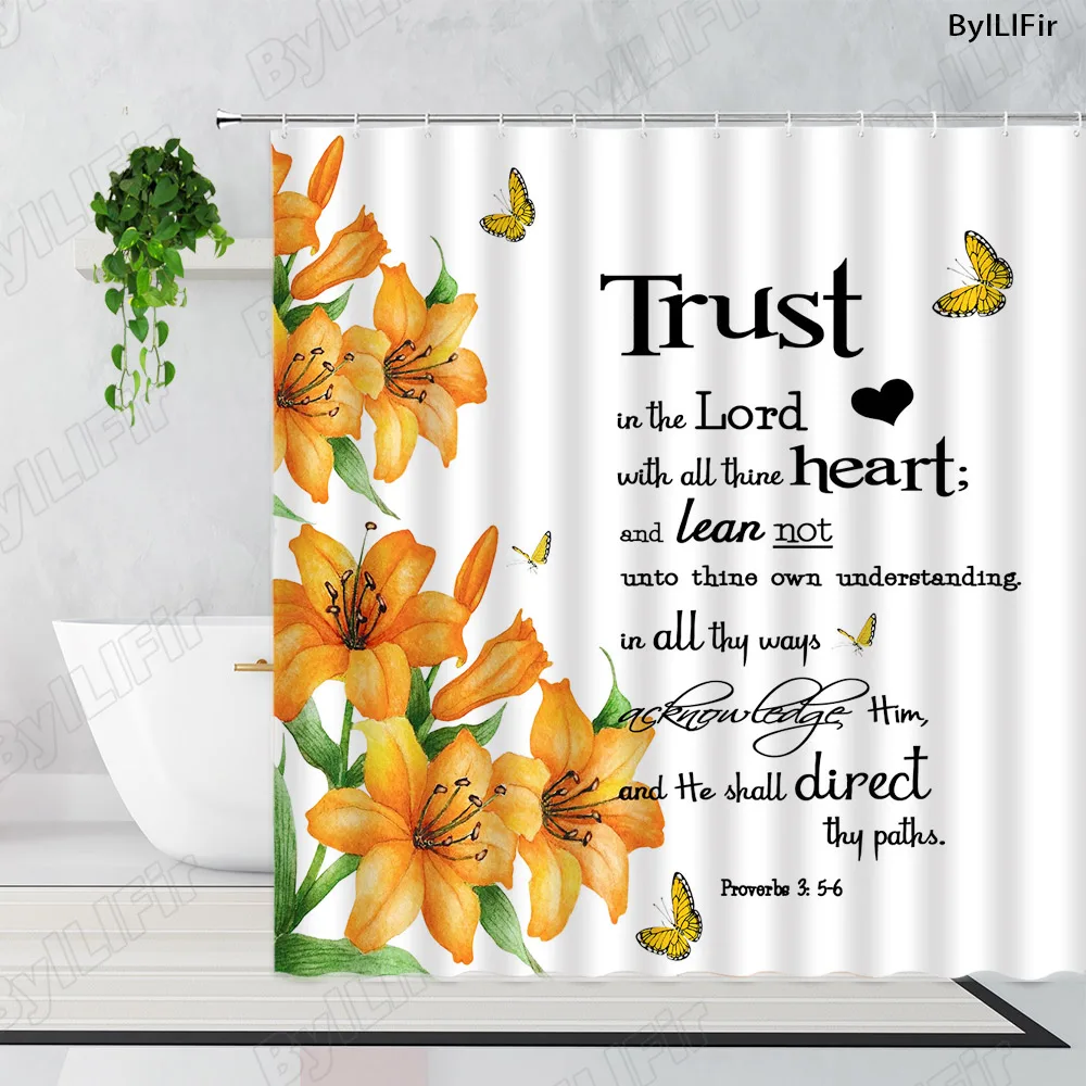 

Butterfly Flowers Shower Curtains Trust in the Lord Inspirational Quotes Nature Floral Plants Modern Fabric Bathroom Decor Sets