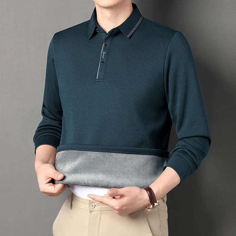 

Plush Polo Shirt for Men's Winter New Loose Casual Stretch Long Sleeved T-shirt Thickened Warm Tops