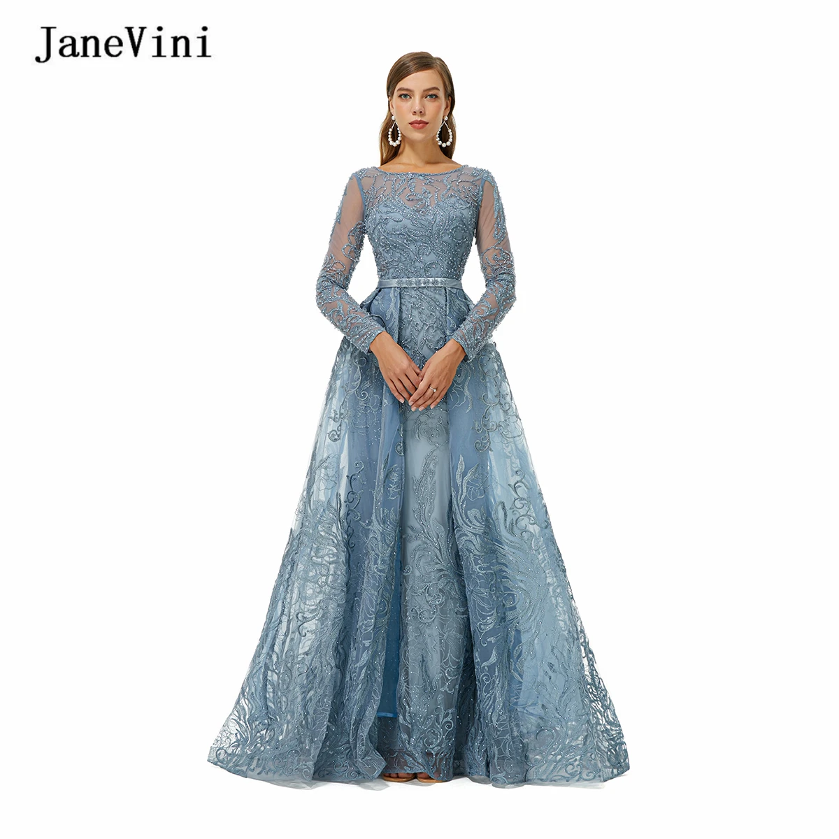 

Роскошное мусульманское синее платье jaevini, женские платья для выпускного вечера с длинным рукавом, кружевное ТРАПЕЦИЕВИДНОЕ ПЛАТЬЕ С глубо...
