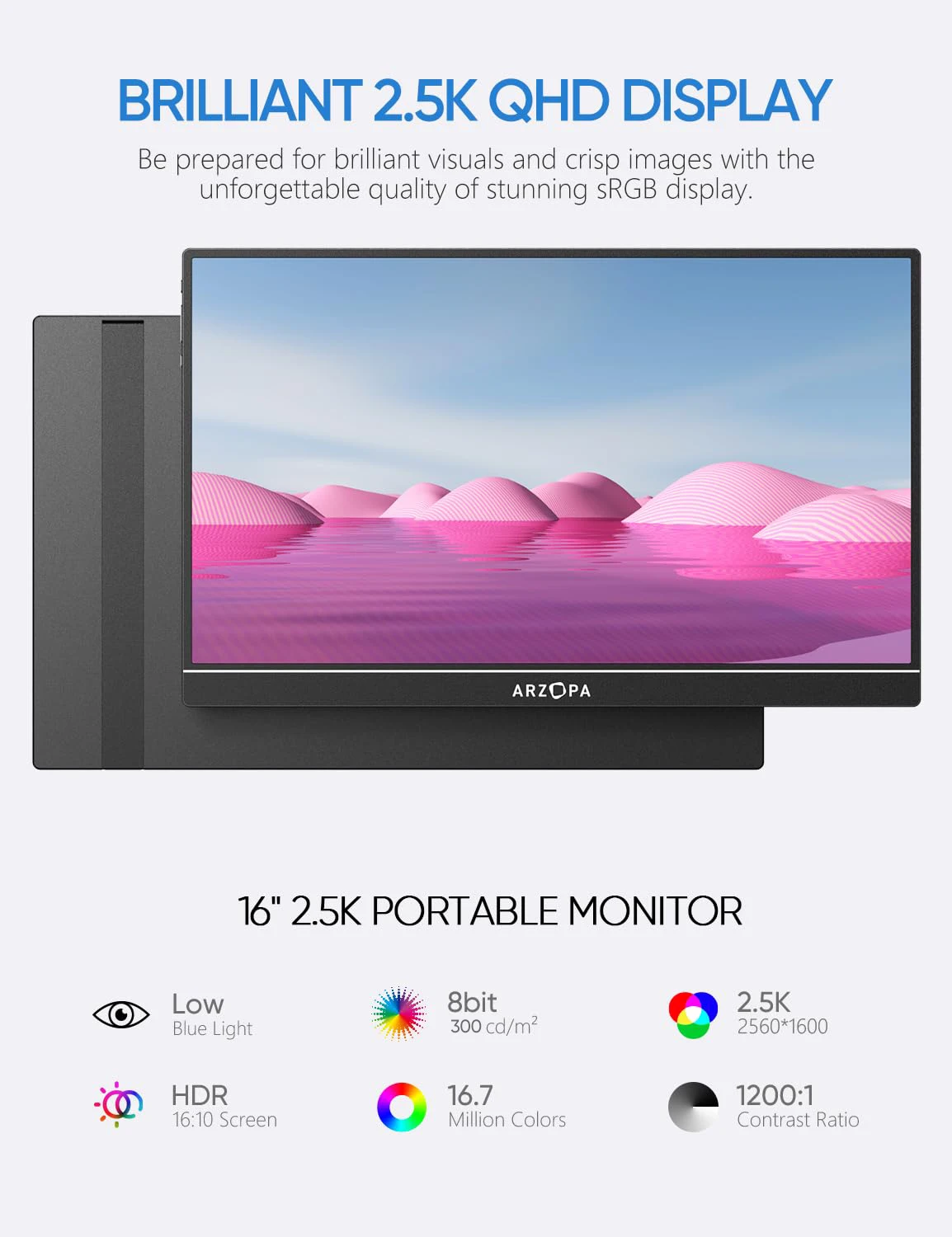 Фото 16 дюймовый портативный монитор 2K 16:10 IPS экран с type-c mini hdmi второй дисплей для MAC/ноутбука/ПК/Xbox/PS4/5/Switch,Z1RC №3