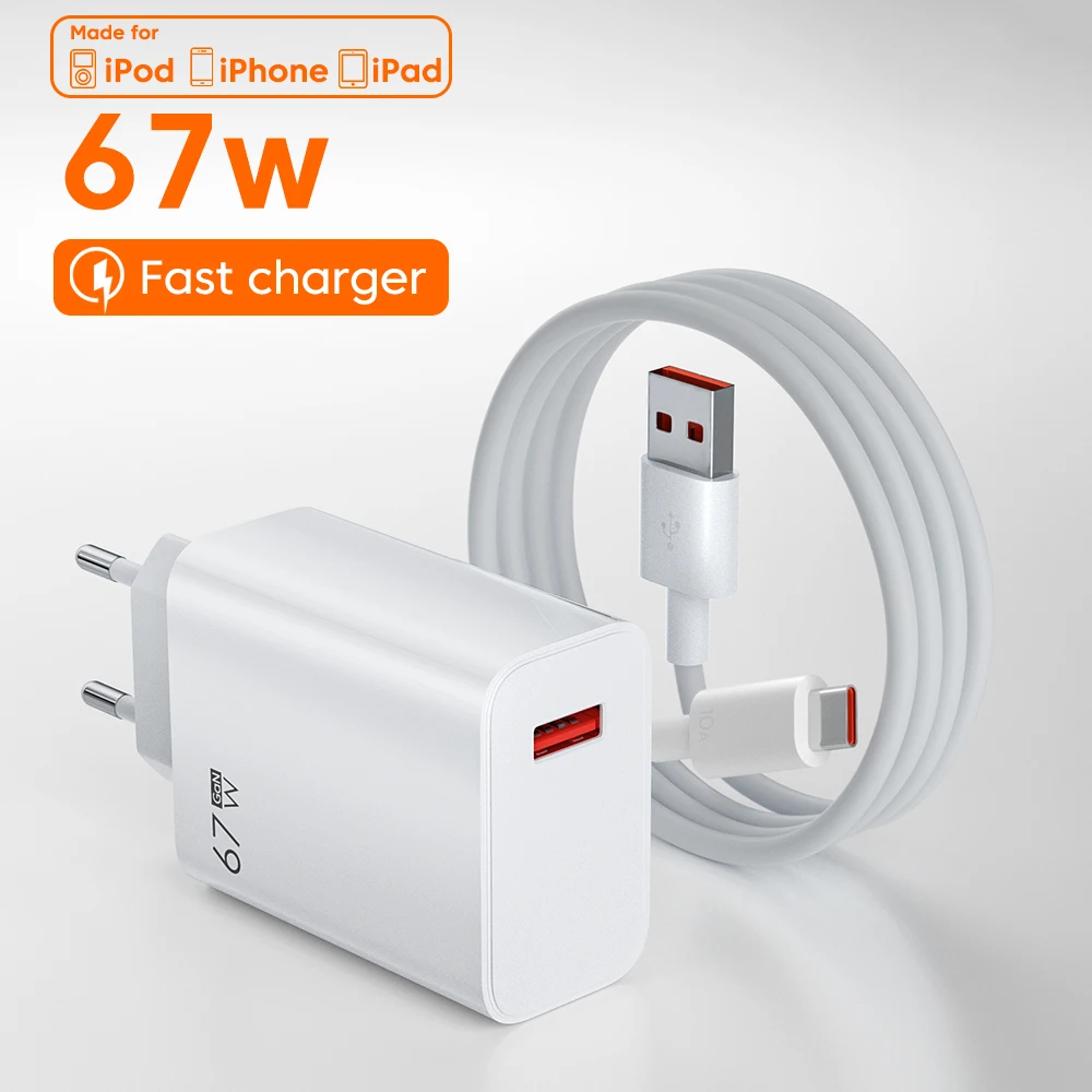 

67W USB Charger Fast Charging QC 3.0 Wall Phone Adapter For iPhone Samsung Xiaomi Poco Tablet USB Type C Cable 6A Quick Charger