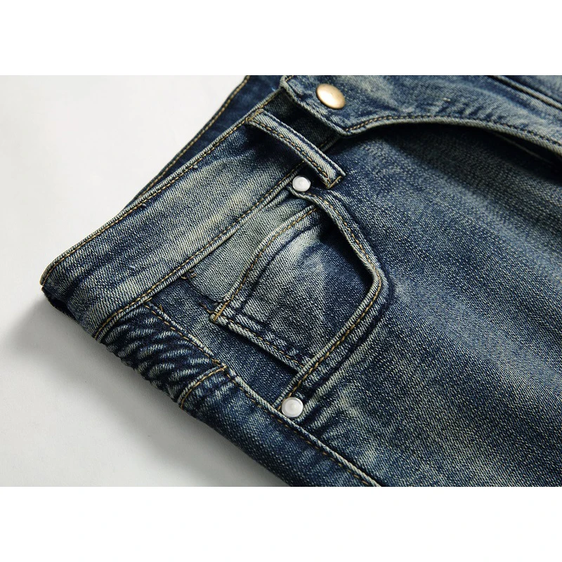 Men Jeans Vintage Jeans Trousers Men's Casual Ripped Jeans Washed Straight Slim Pleated Motorcycle Biker Jeans Pants Streetwear