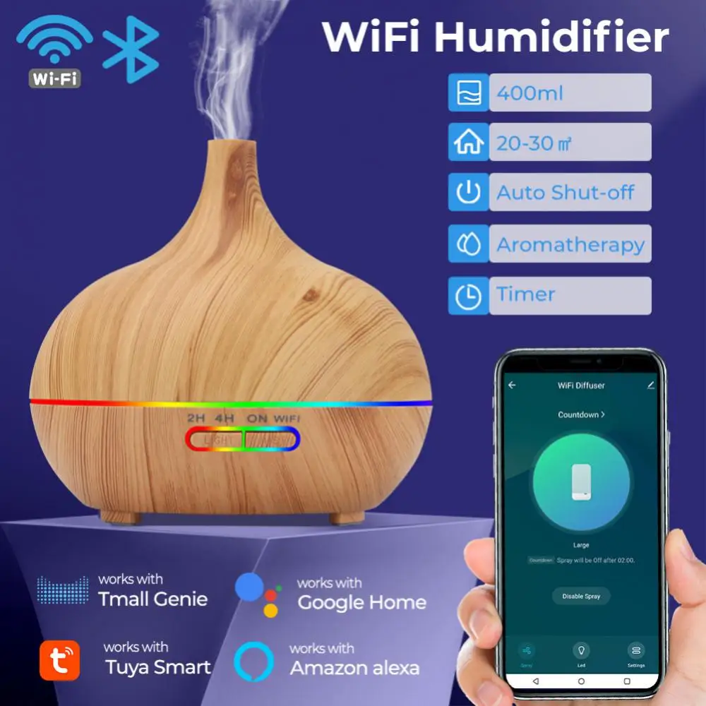 

9w Automatic Diffuser Essential Wood Grain 400ml Wifi Dual Mode Tuya Air Humidifier Colorful Lights Timing