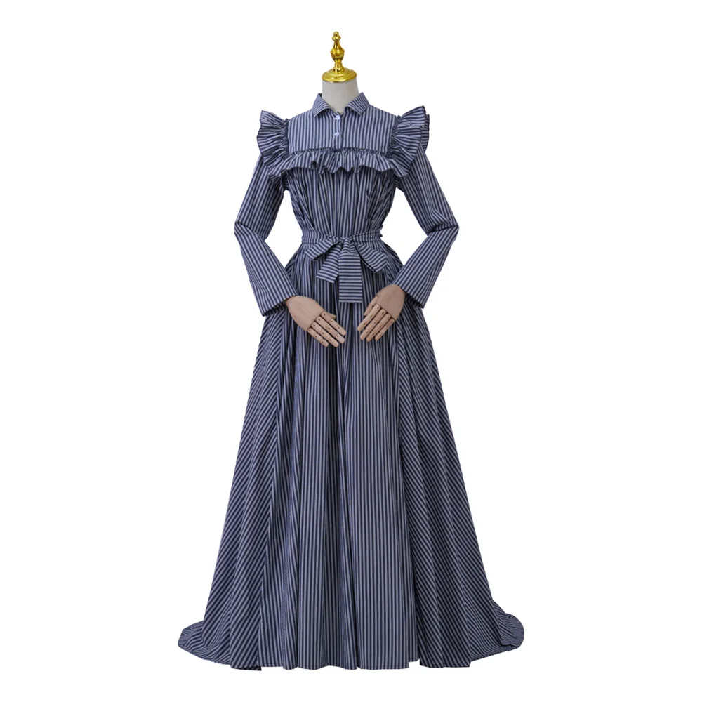 

Blue Striped Regency Dress Medieval Victorian Retro High Waistline Jane Austen Costume Masquerade Ruffle Decor Ball Gown