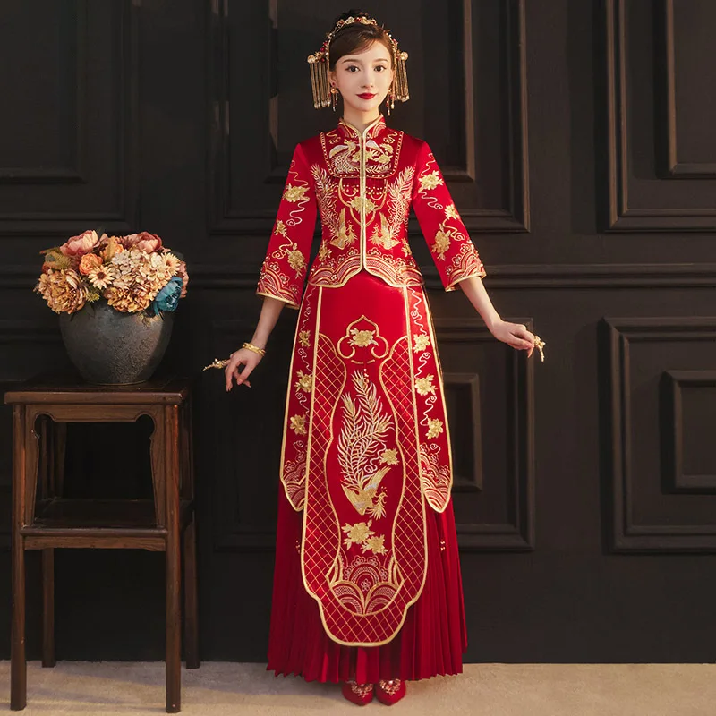 Потрясающее Свадебное китайское платье для невесты с вышивкой Феникс