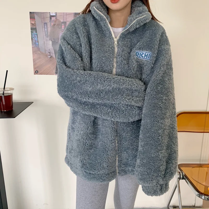 Women Lamb Fur Jacket Velvet Letter Long Sleeve Lambswool Oversized Coat Fashion Casual Korean Style Warm Fluffy Teddy Jackets