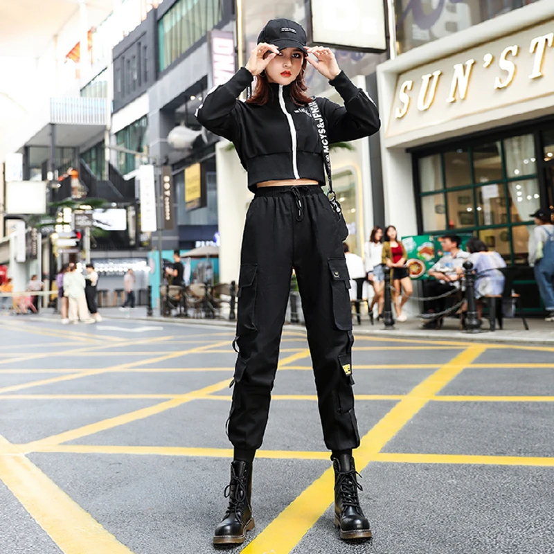 Новые брюки-карго женские черные джоггеры с эластичным поясом брюки