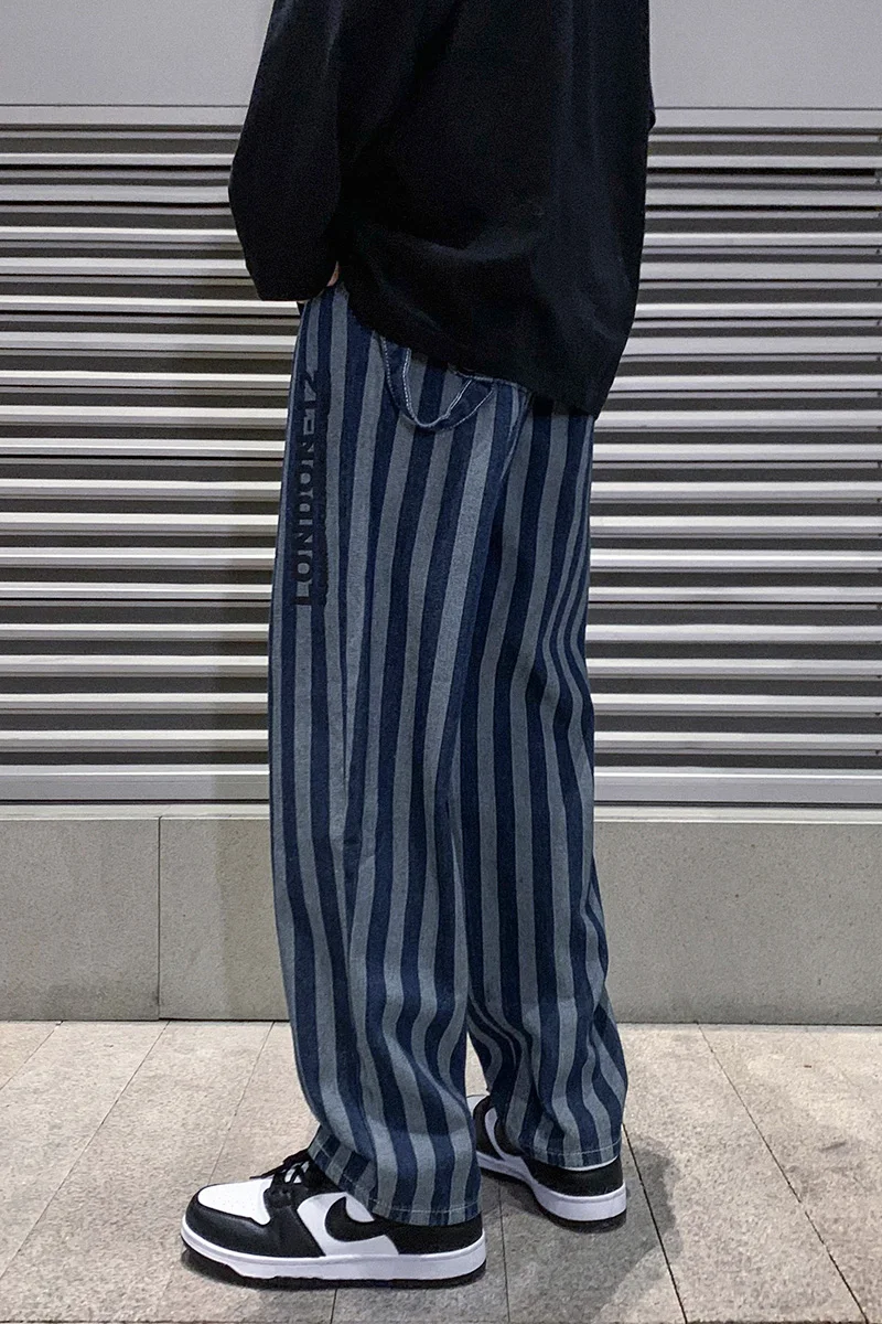 2022 Spring New Men's Blue Striped Baggy Jeans Korean Fashion Straight-leg Denim Wide-leg Pants Male Branded Trousers