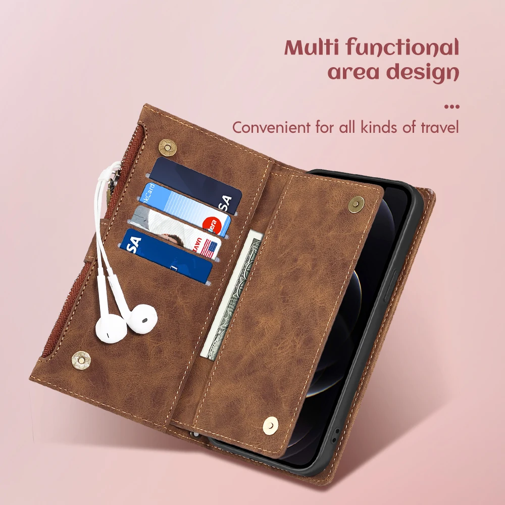 Кожаный чехол-книжка с 9 отделениями для карт и молнией iPhone 16 Pro Max