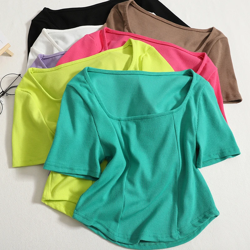 

Hikigawa Chic Fashion Women Tops Vintage U Neck Short Sleeve Korean Style T Shirts Solid Slim Fit Outer Wear Cropped Top Mujer