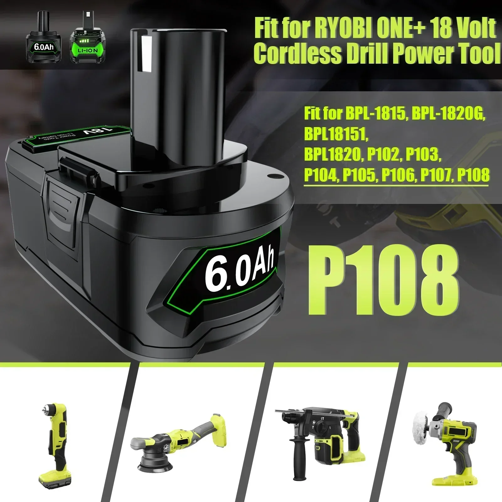 Аккумулятор SUTENAI Li-ion 6.0 Ач для RYOBI P108 18 В
