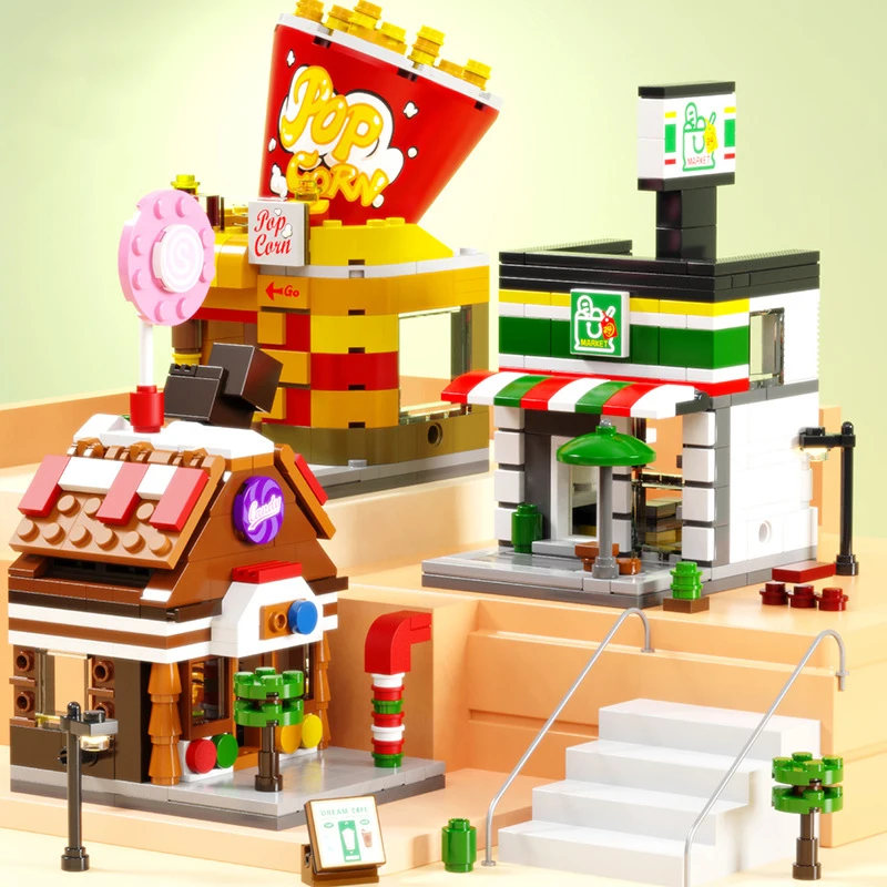 

Mini City Street View Building Blocks Drink Coffee Fast Food Pizza Shoes Store Model Convenience Stores Building Blocks Set Toys