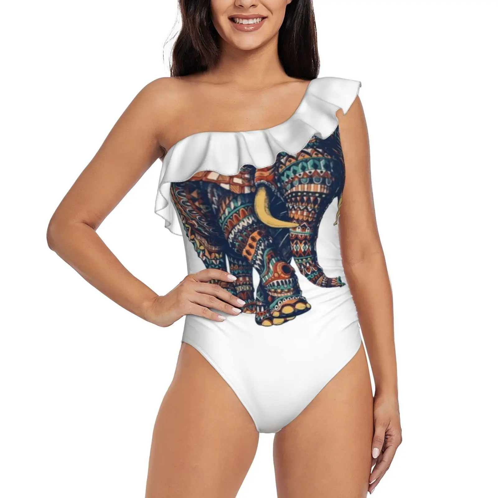 

Ornate Elephant V2 ( Color Version ) One Shoulder Ruffle Swimsuits Bodysuit One Piece Swimwear Women New Female Beach Swimsuit