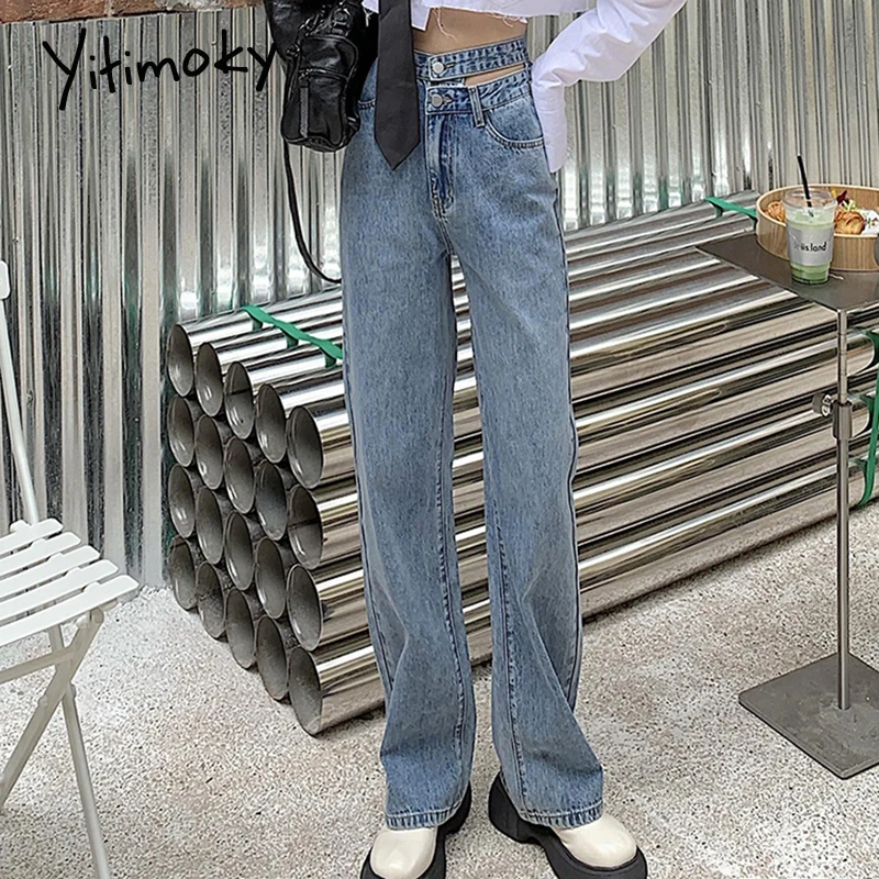 

Женские джинсы Yitimoky, модные прямые широкие брюки из денима с двумя пуговицами и высокой талией, свободные удобные весенние