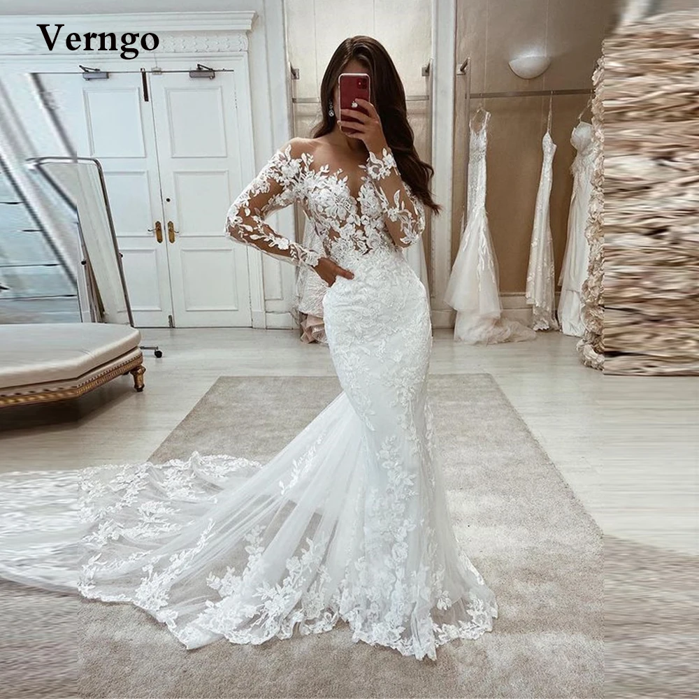 

Verngo Elegant Sheer Neck Lace Applique Wedding Dresses Mermaid Long Sleeves Sweep Train Bride Gowns Vestido de noiva Mariage