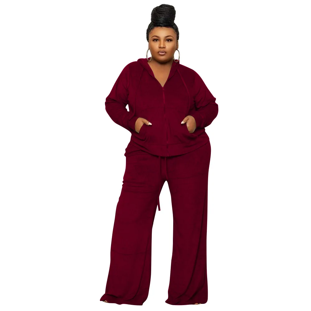 Plus Size Women Sets Hooded Solid Jacket And Wide Leg Pant 2022 Fall Two Piece Set Female Outfit Designer Cloth Winter Tracksuit