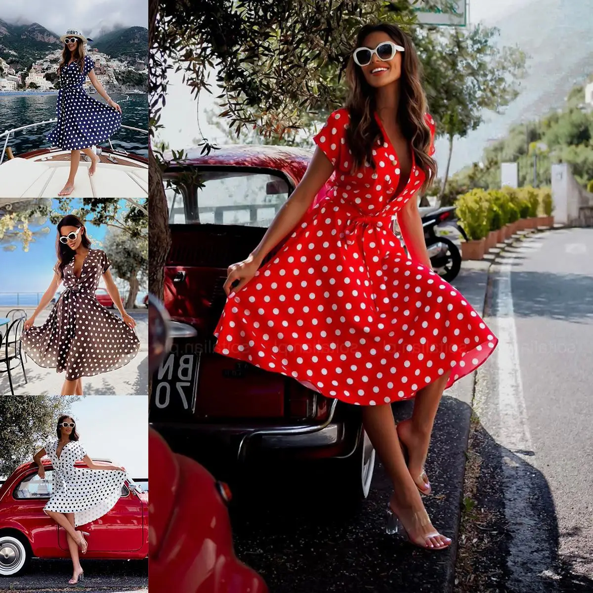 

Summer short sleeve V-neck button polka dot dress for women