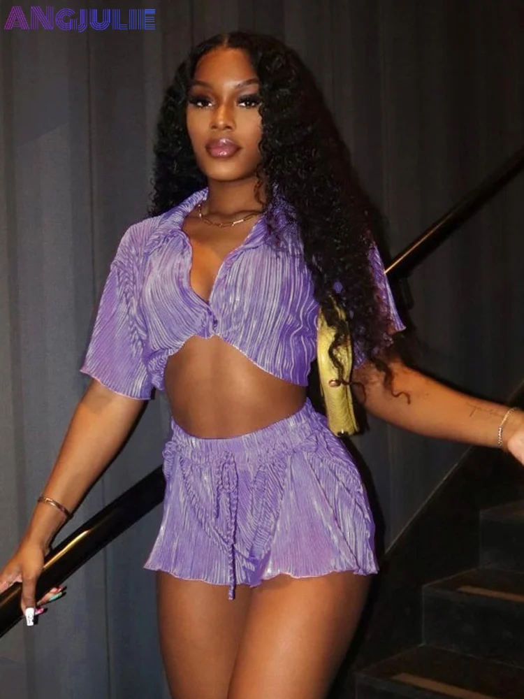 

Angjulie Purple Pleated 2 Piece Set Women Summer Soft Outfits Short Sleeve Twist Blouse+Wide Leg Shorts Set Matching Streetwears