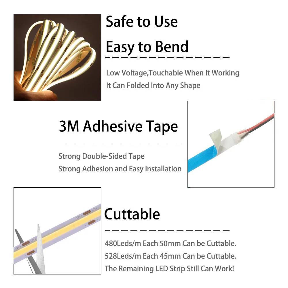 5м/лот 16.4Фт Светодиодная лента COB с высокой плотностью 480/528 светодиодов/м, гибкая лента, 3000-6500K, RA90, светодиодные лампы под напряжением DC12V 24V.