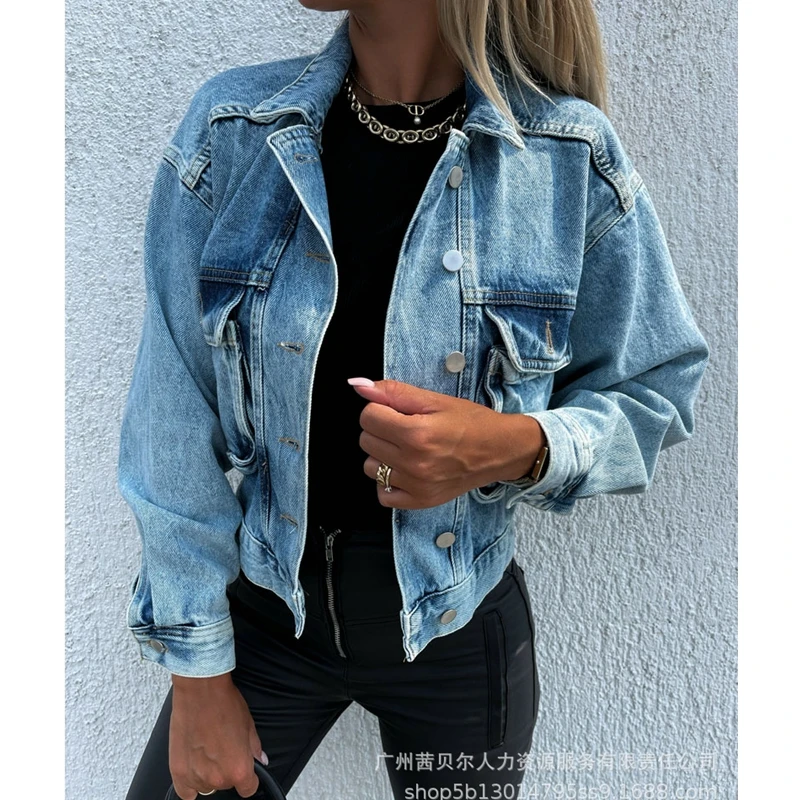 

Куртка женская джинсовая демисезонная с карманами, модная свободная Асимметричная уличная одежда из денима в стиле пэчворк