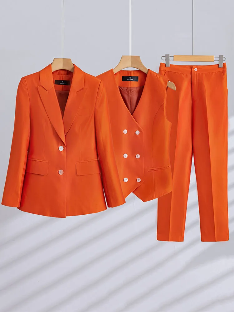 Women Formal 3 Pieces Set Navy Pink Orange Office Ladies Long Sleeve For Business Work Career Wear Blazer Vest and Pant Suit