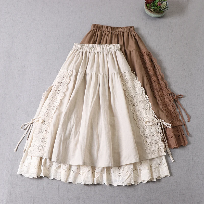 

Sweet Japan style Mori girl's lace bandage stitched Linen Skirt Fairy Lolita Layers Princess Skirt