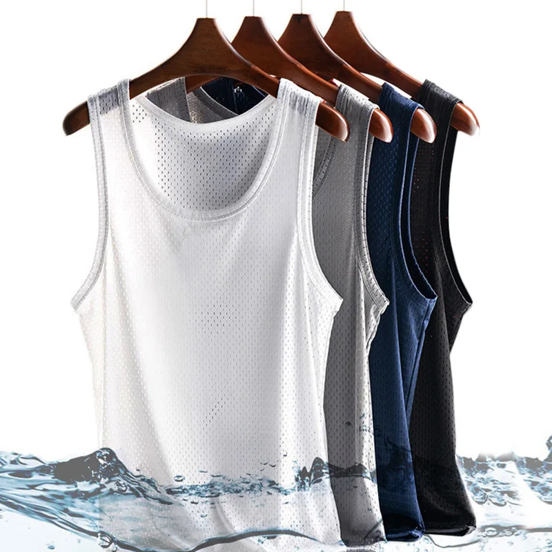

Ice Silk Mesh Vest Men's Summer Hollow Mesh Men's Undershirt Fitness Sports Thin Section Large Size Sleeveless T-shirt Tide