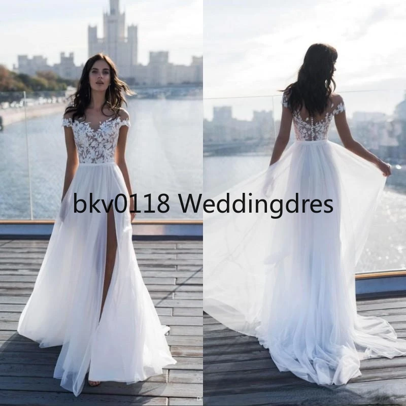 

Beach Off Shoulder A Line Wedding Dresses New Thigh High Slits Bridal Gowns Chiffon Lace Appliques Vestido De Novia