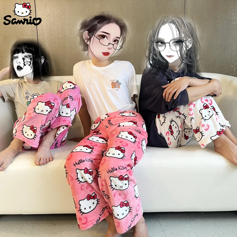 

New Style Sanrio Hello Kitty Black Pajamas Flannel Women Kawaii Woolen White Cartoon Casual Home Pants Autumn Fashion Trousers