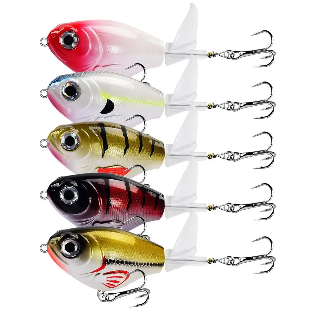

YFASHION 5 Pack Whoppers Plopper Fishing Lures Set With Treble Hooks Artificial Surface Hard Lure Baits For Freshwater Saltwater