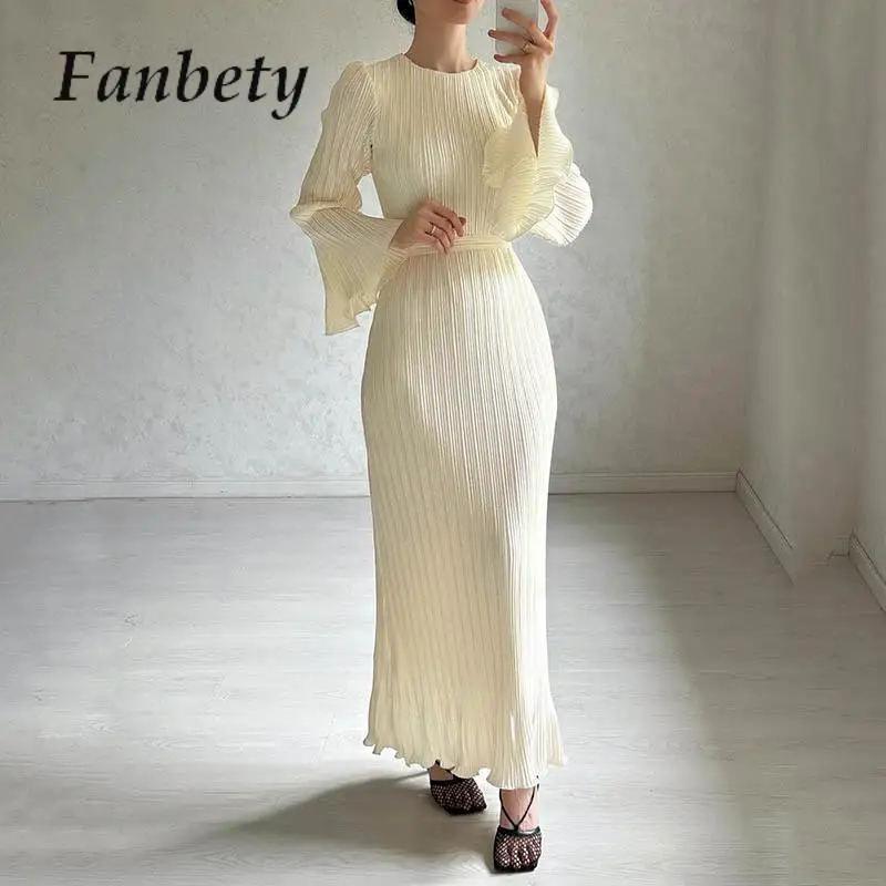 

Lady Chic Binding Solid Party Long Dress Elegant Flared Sleeve Belt Banquet Dresses 2024 Spring Women O-Neck Draped Maxi Dress