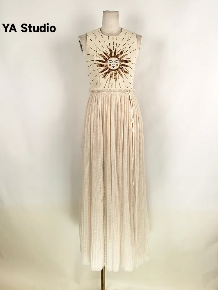 

[YA Studio] Women's Dress O-neck Sleeveless High Waist Split Patchwork Gauze Embroidery Fashion Female Dresses Summer 2023 New