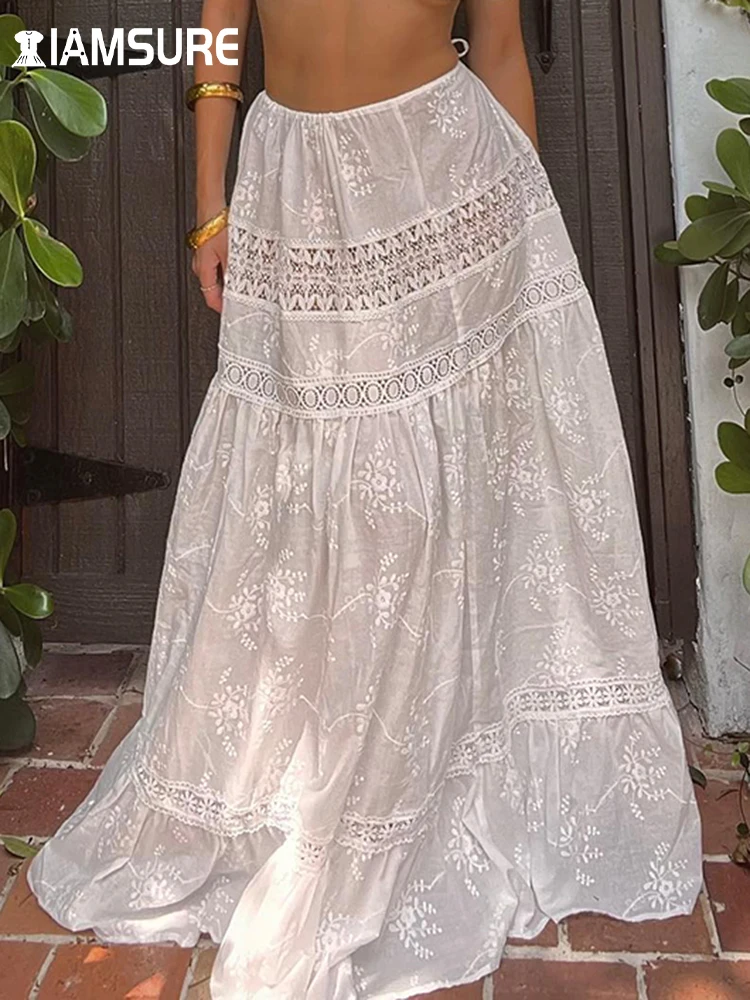 

IAMSURE Bohemian Holiday Vintage Solid A-Line Skirt Beach Style Casual Hollow Out Mid-Waisted Maxi Skirts Women 2023 Summer