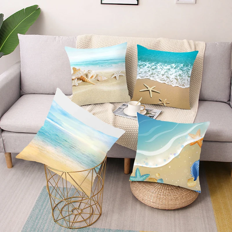 

Beach Scenery Starfish Seashells Pillowcase for Hotel Home Decor 45*45cm Throw Cushion Cover Scenic Print Polyester Pillow Case