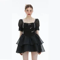 black patchwork mesh dress woman square collar slim short puff sleeve puffy dresses for women 2022 summer hot girl