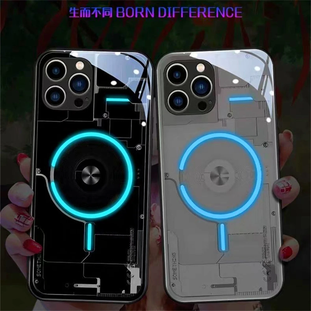 Фото Стильный чехол для iPhone Air 17 16 15 14 13 12 11 Pro Max Plus с дизайном «Кибер-апертура», умной LED-подсветкой и закаленным стеклом №1