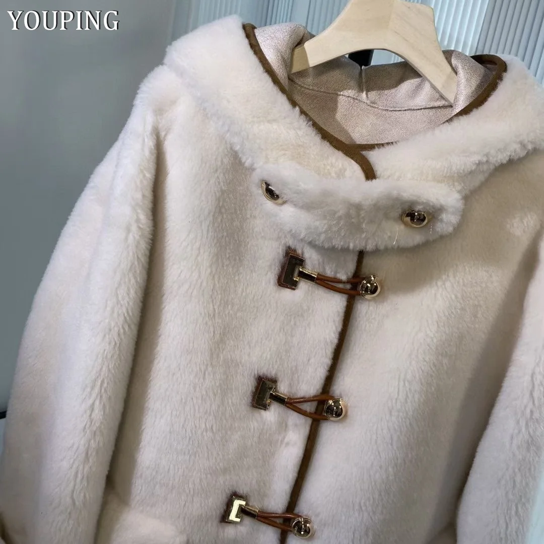 YOUPING Women 2022 Autumn Winter Real Fur Coat Hooded Sheep Shearling Jacket Wool Fur Coat Long Female Warm Genuine Fur Outwear