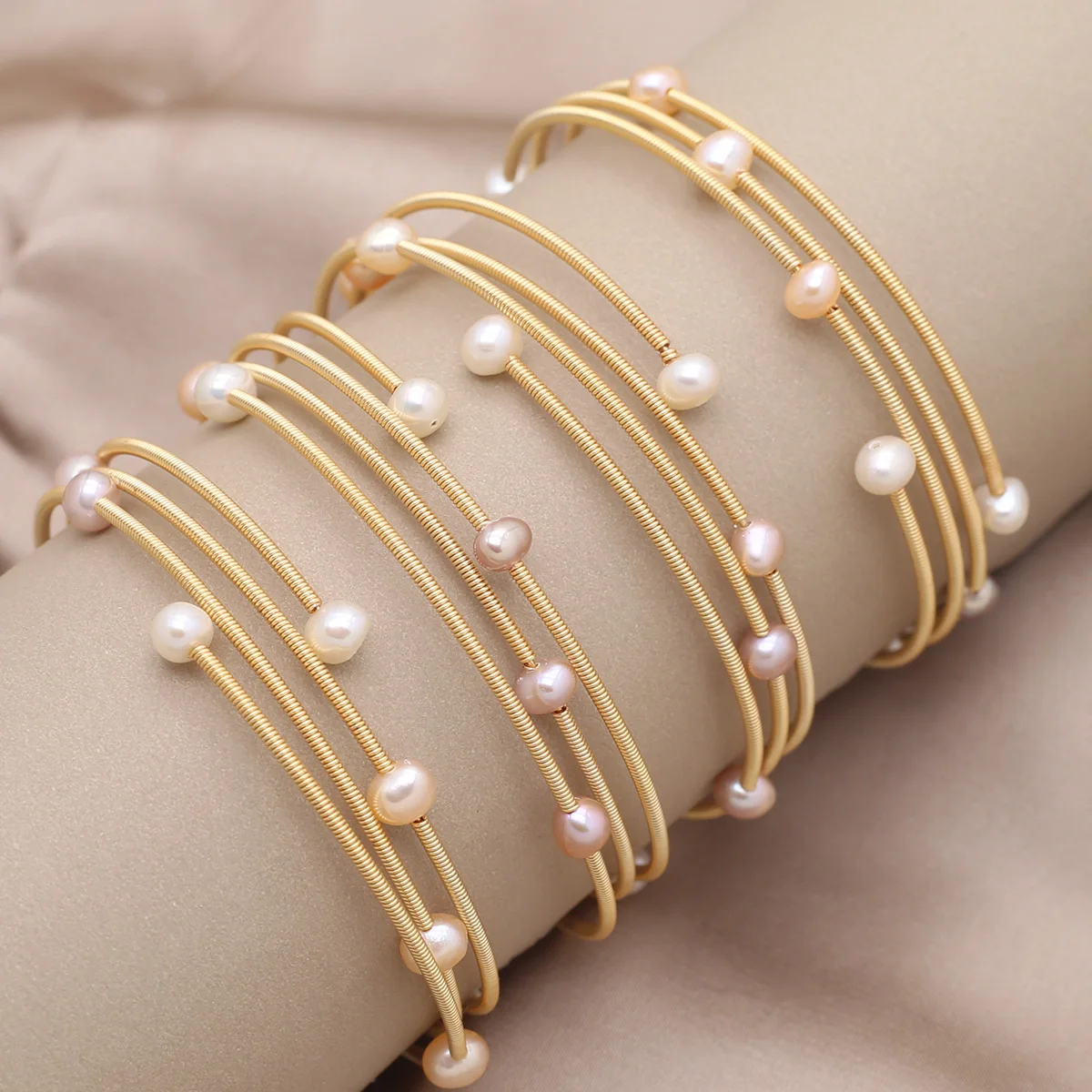 

Multi Layer Copper Coil Small Pearl Bracelet Adjustable Size For Women Charm Open Copper Bangles Jewelry Party Banquet Gift