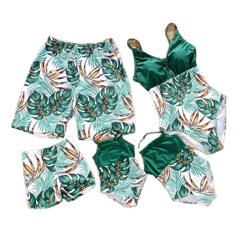 

Beach Family Matching Outfits One-Piece Mother Daughter Swimsuits Leaf Mommy and Me Swimwear Clothes Father Son Swimming Shorts