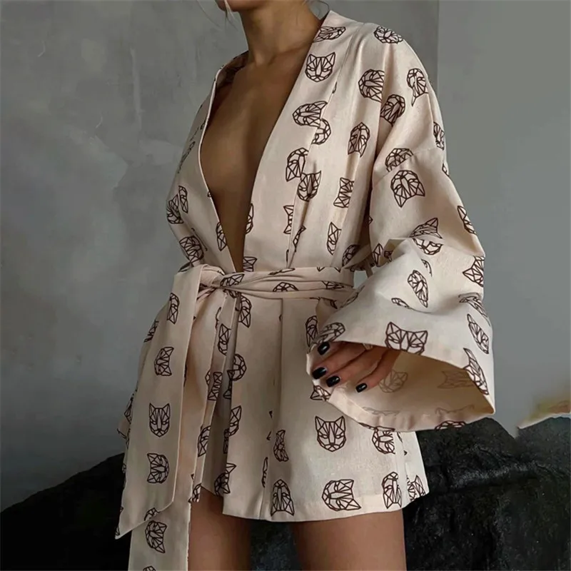 

Women Sleepwear Fashion Pajamas Print 2 Piece Sets Womens Outfits Casual Lace-Up Long Sleeve Robes Shorts Set Homewear 2023