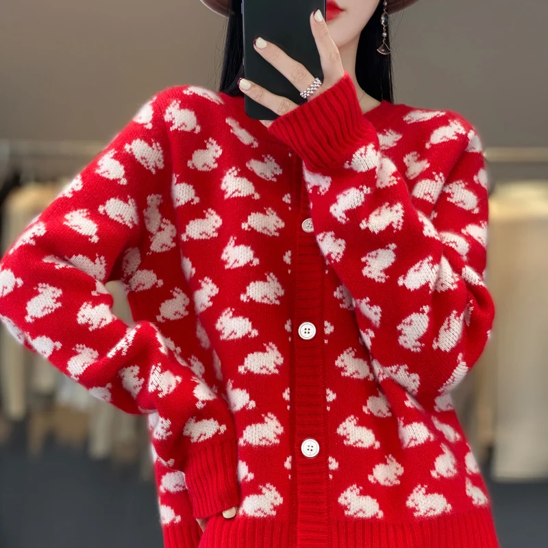 2023 Autumn and Winter New 100% Pure Wool Cardigan Women's Loose Sweater Rabbit Year Cashmere Knitted Sweater