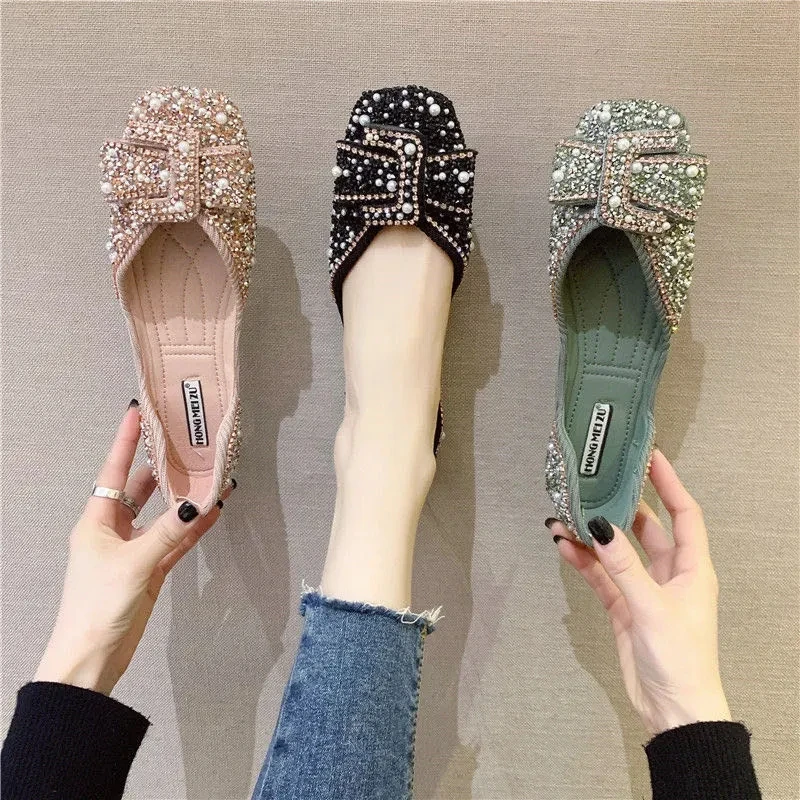 

Summer Women's Shoes Pearl Decoration Shallow Mouth Cover Foot Square Head Flat Sole Fashionable and Comfortable Single Shoes