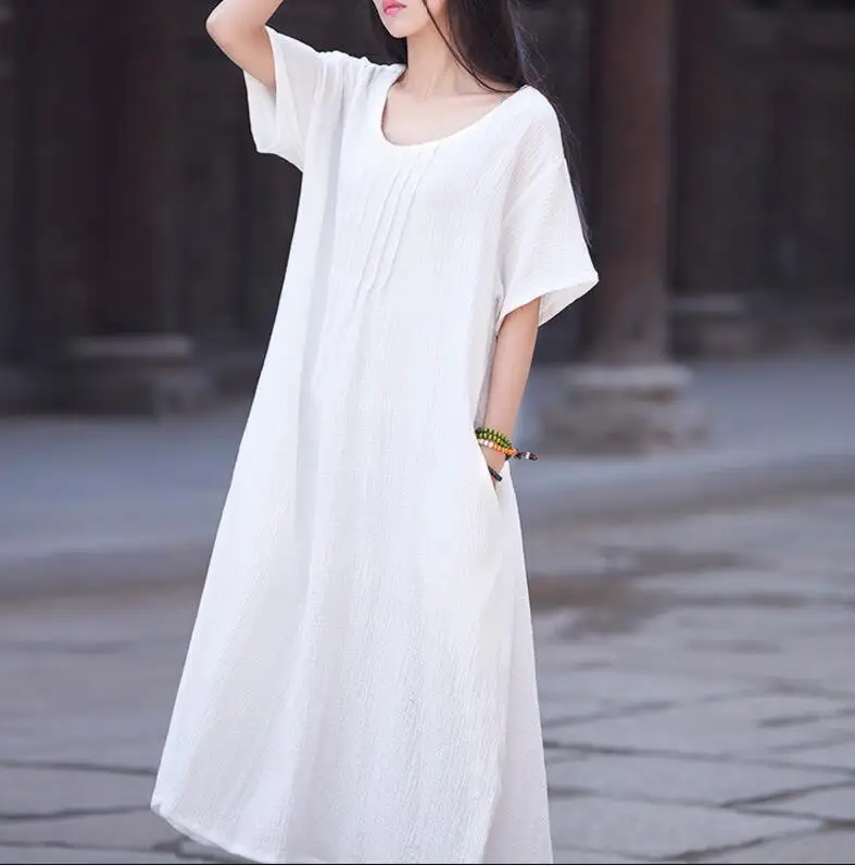 Летние платья 2024 винтажный халат с короткими рукавами длинное свободное женское