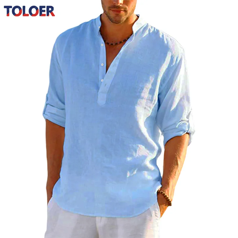 

Summer New Mens Fashion V-neck Blouse Cotton Linen Shirt Loose Tops Long Sleeve Tee Shirt Summer Casual Handsome Male Shirts