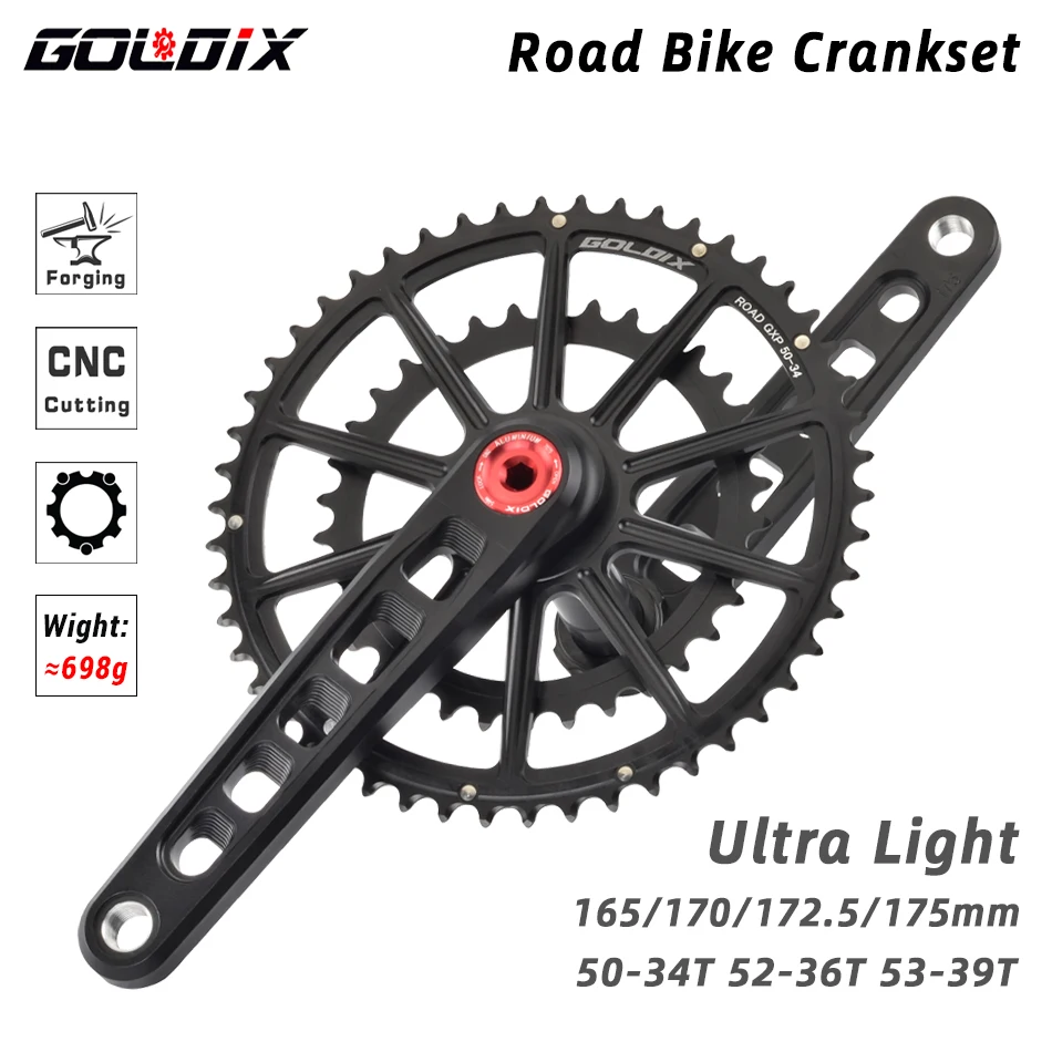 

GOLDIX Ultralight Road Bike Crankset 50-34T/52-36T/53-39T GXP Double Chainring 165/170/172.5/175mm length Hollow Bicycle Crank